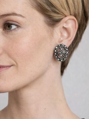 Vintage Oval Silver Marcasite Rhinestone Stud Earrings Estate Style Statement